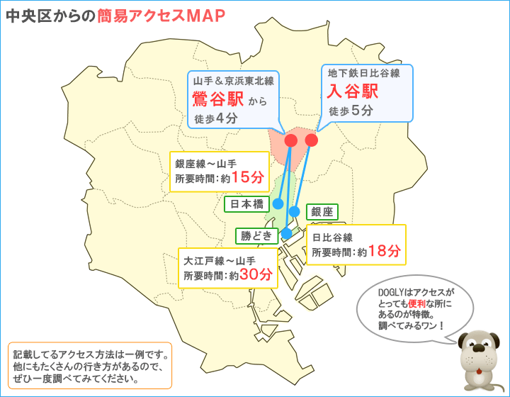 中央区主要駅からのアクセスマップ