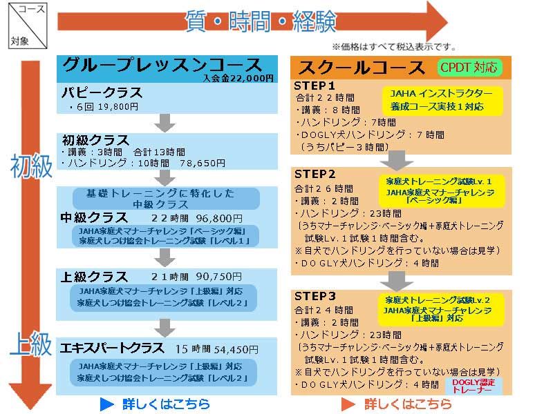 ※価格は全て税込です。
DOGLYグループレッスン-入学金22,000円
・パピークラス6回19,800円
・初級クラス講義3時間、ハンドリング10時間、合計13時間78,650円
・中級クラス22時間96,800円
・上級クラス21時間90,750円
・エキスパートクラス15時間54,450円
